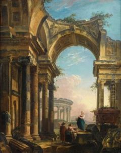 Lavandieres Dans Un Paysage De Ruines Romaines Avec Un Temple De Vesta by Pierre Antoine Demachy