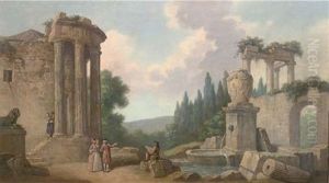 A Capriccio Of Classical Ruins With Elegant Figures (+ A Capriccio Of Classical Ruins With Elegant Figures By A Fountain; Pair)