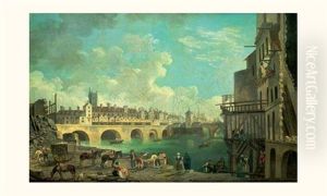 La Demolition Des Maisons Du Pont Au Change, Derriere, La Tour Saint Jacques, Le Quai De Gesvres Et Le Pont Notre-dame by Pierre Antoine Demachy