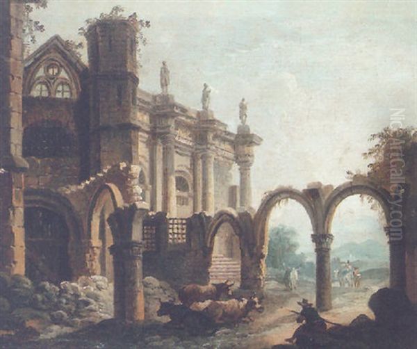 A Herdsman And Cattle Resting Before A Ruined Cloister - view 1