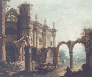 A Herdsman And Cattle Resting Before A Ruined Cloister by Pierre Antoine Demachy
