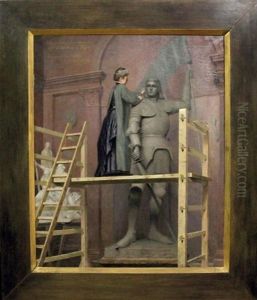 La Duchesse D'uzes Travaillant A La Statue Monumentale De Jeanne D'arc, Dans L'atelier De Falguiere by Adolphe Demange