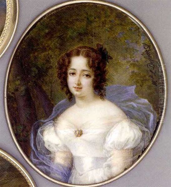 A Young Lady In A Forest, In White Silk Dress With Gauze Pinned At Corsage With Gold-set Turquoise Brooch, Gauze Sleeves, Pale Blue Sash, Floating Blue Gauze Stole, Black Bow In Her Curled Brown Hair - view 1