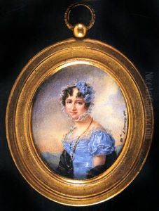 A Lady In Blue Dress With Ruched Bodice And Sleeves And White Lace Trim, And Red And Black Kashmir Shawl by Antoinette Louise Demarcy