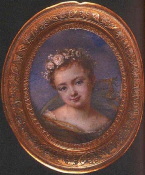 A Child In White Lace-trimmed Smock, A Green Shawl Around Her Shoulders With Yellow And Orange Striped Trim - view 1