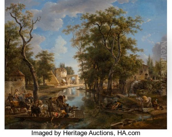 A Lively Canal Scene With Ferries And Boats Conveying Townspeople And Animals - view 1