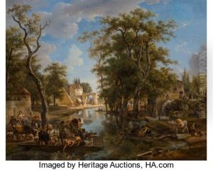 A Lively Canal Scene With Ferries And Boats Conveying Townspeople And Animals by Jean-Louis Demarne