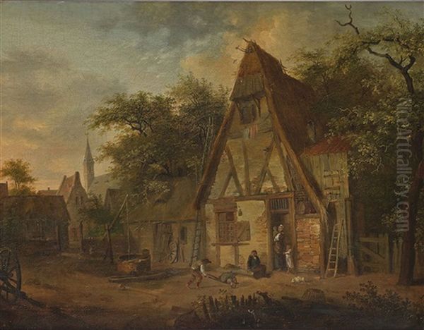 Kleines Dorf Mit Blick Auf Eine Kirche - Im Vordergrund Strohgedecktes Haus Mit Bauernfamilie Und Hund - view 1