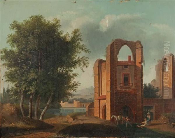 Habitations Dans Une Ruine Gothique Pres D'une Riviere - view 1