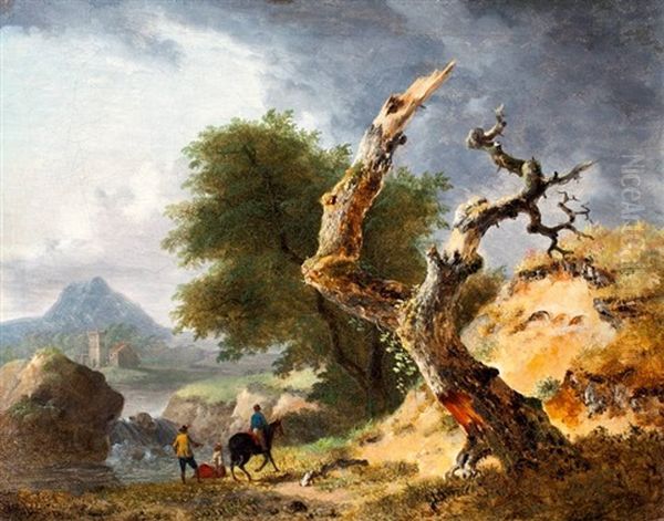 Wandelaars En Ruiter In Boomrijk Heuvellandschap - view 1