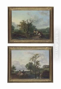 A Wooded Landscape With Elegantly Dressed Figures On Horseback...(+ A Wooded River Landscape With A Stag Hunt In The Foregound; Pair)