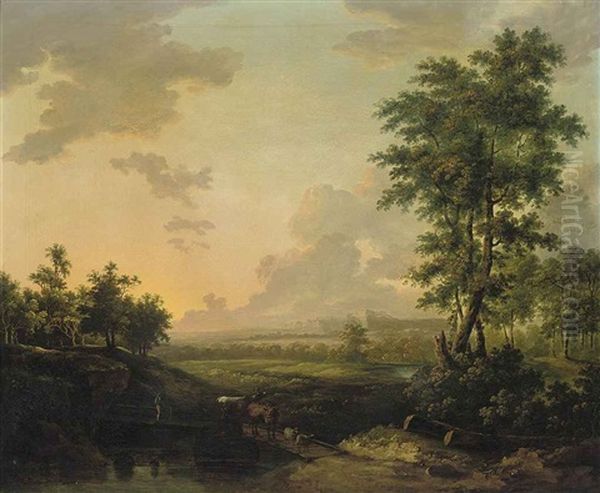 A Wooded River Landscape With A Drover Crossing A Bridge With His Cattle - view 1