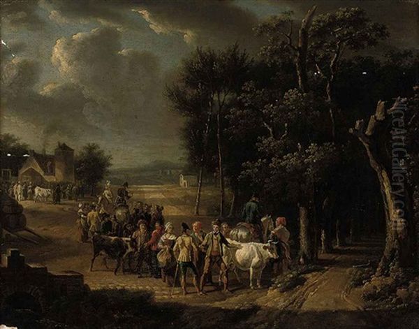 A Wooded Landscape With Officers On Horseback, Cattle, And Figures Conversing On A Track - view 1