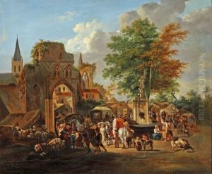 Scene De Marche Pres D'une Fontaine A La Porte D'une Ville by Jean-Louis Demarne
