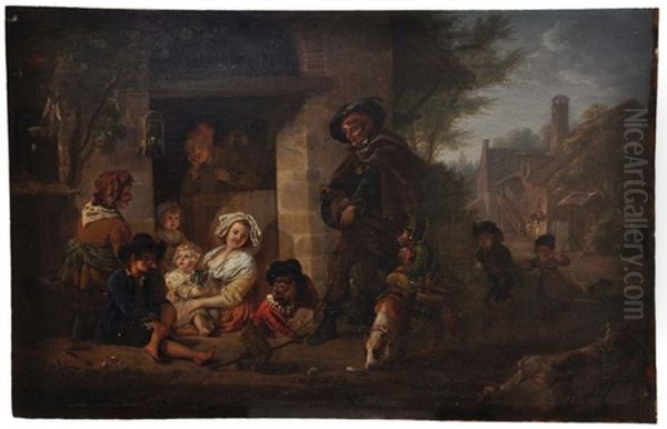 Saltimbanque Et Ses Signes Musiciens Devant Une Famille Paysanne Rassemblee Devant La Maison - view 1