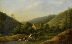 Hugellandschaft Mit Hirtin Zu Pferd, Hirt, Hund Und Ziege by Jean-Louis Demarne