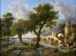 Chateau Fortifie Et Pont Sur Une Riviere Avec Des Bergers