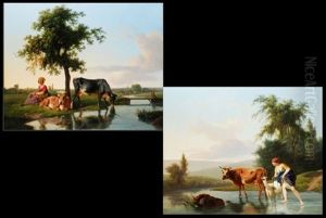 Hirtin Mit Kuh Und Ziege In Der Furt (+ Hirtin Mit Kuhen An Einem Bach; Pair) by Jean-Louis Demarne