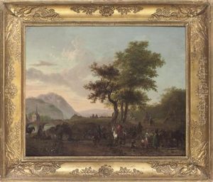 Cavalry Officers Conversing With Peasants On A Track, An Army Crossing A Bridge Beyond by Jean-Louis Demarne