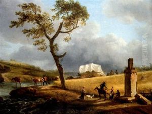 Vaches Et Chariot Traversant Une Riviere Ou La Halte A La Riviere by Jean-Louis Demarne