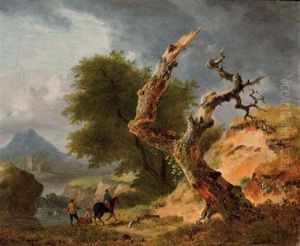 A Mountainous Landscape With Figures By A Stream Near A Dead Tree A Mountainous Landscape With Figures By A Stream Near A Dead Tree