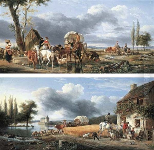 Travelling Peasants With Their Cattle And Sheep In A Landscape (+ Figures With Animals Outside An Inn Beside A Wheat Field; Pair) - view 1