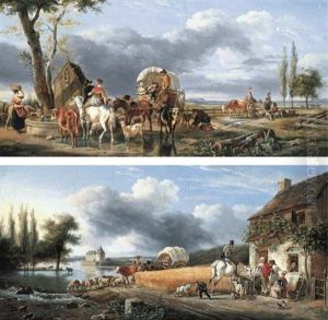 Travelling Peasants With Their Cattle And Sheep In A Landscape (+ Figures With Animals Outside An Inn Beside A Wheat Field; Pair) by Jean-Louis Demarne
