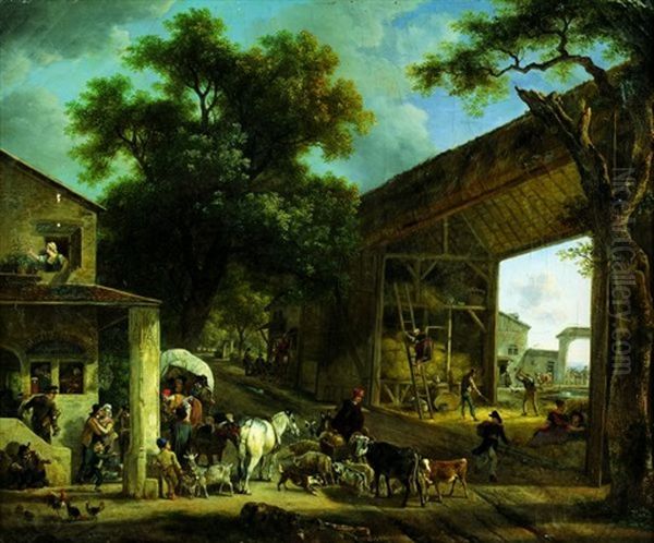 Une Halte De Bergers Et Leur Troupeau Devant Une Auberge - view 1