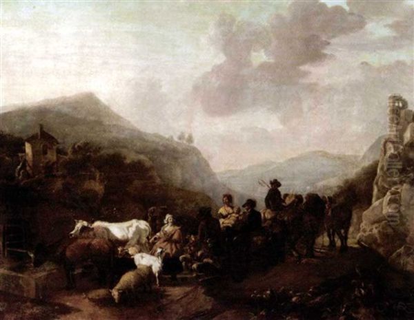 An Extensive Italianate Landscape With A Caravan Of Drovers Watering Their Animals - view 1