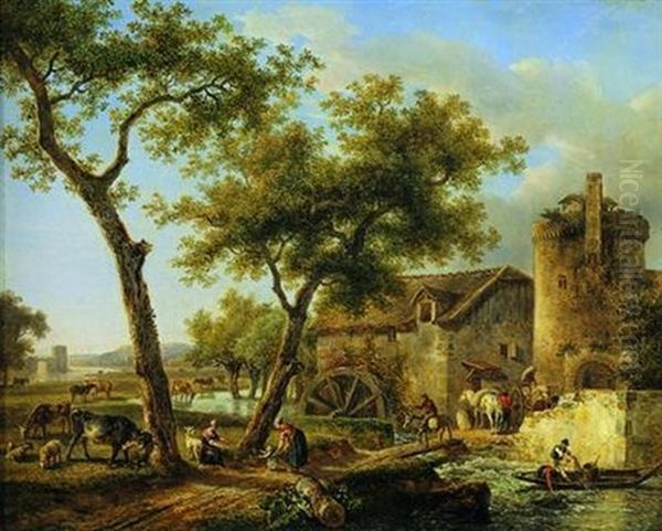 Paysans Et Leur Troupeau Pres D'un Moulin A Eau - view 1