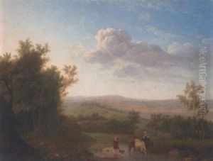 An Extensive Landscape With Cattle And Two Women Crossing A Ford, A Shepherd And Flock By A Tree