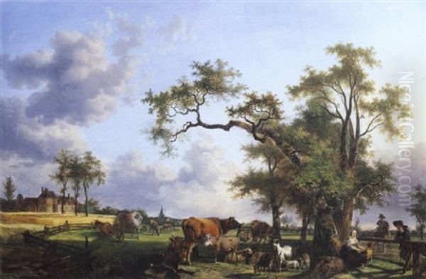 Bergere Et Son Troupeau Dans Un Paysage Avec Un Chateau Dans Le Fond - view 1