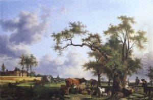 Bergere Et Son Troupeau Dans Un Paysage Avec Un Chateau Dans Le Fond by Jean-Louis Demarne