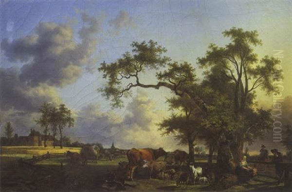 Bergere Et Son Troupeau Dans Un Paysage - view 1