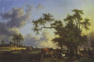 Bergere Et Son Troupeau Dans Un Paysage by Jean-Louis Demarne