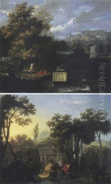 Paysage Boise Avec Une Nymphe Dansant Devant Deux Bergers Assis Pres D'un Cours D'eau, Une Ville Antique Au Loin - view 1