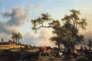 A Landscape With A Shepherdess Playing With A Child At The Edge Of A Paddock, A Chateau Beyond