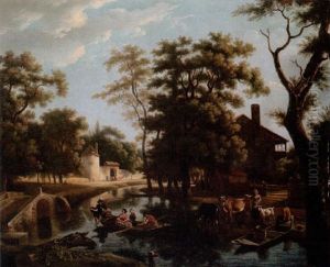 River Landscape With Ferryboats Near A Village