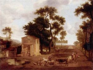 Roadside Landscape, With A Chapel And Farmers With Their Livestock by Jean-Louis Demarne