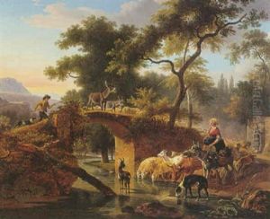 Bergere Abreuvant Son Troupeau Pres D'un Pont by Jean-Louis Demarne