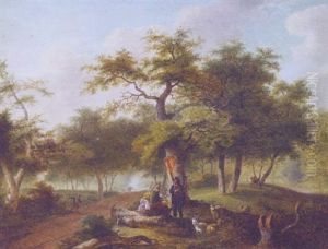 A Wooded Landscape With Peasants Playing Le Main Chaude By A Track