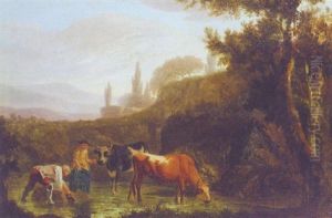 A Couple Watering Cattle In A Stream