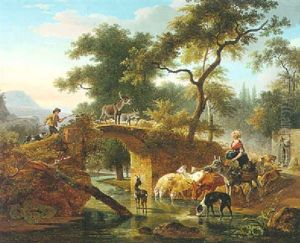 A River Landscape With A Herder And A Woman Watering Sheep, Cattle And Goats Beside A Bridge by Jean-Louis Demarne
