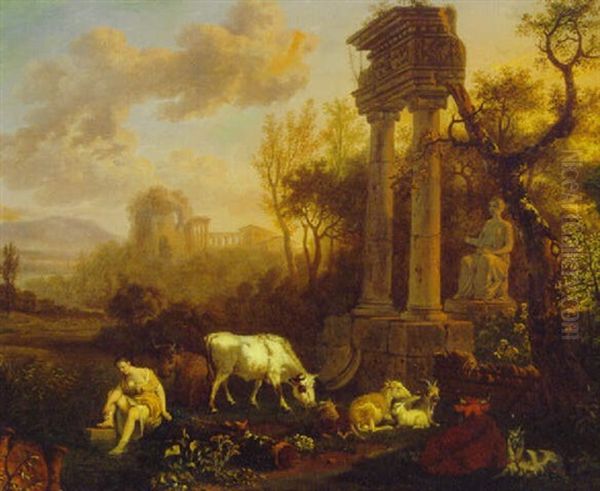 An Italianate Landscape With A Shepherdess Washing At A Pool By A Classical Ruin - view 1