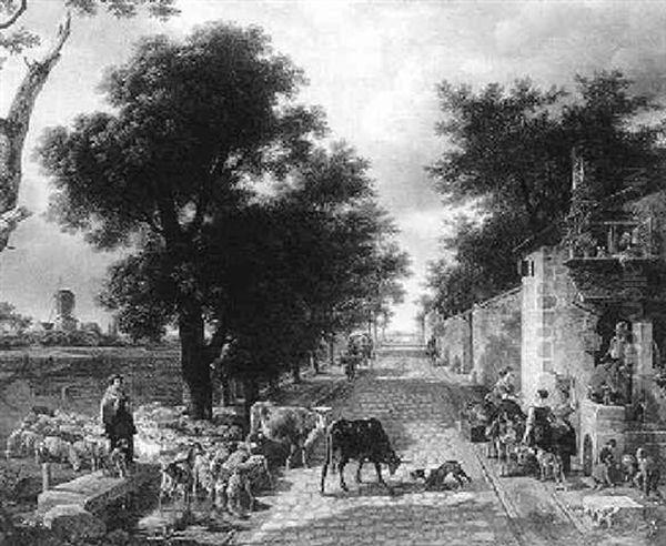 Rue De Village Animee Avec Troupeau Rentrant Du Paturage - view 1