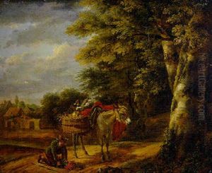 A Farmer With A Laden Donkey On A Track, A Cottage Beyond by Jean-Louis Demarne