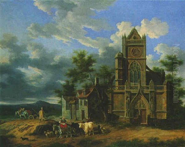 Personnages Et Eglise Gothique Dans Un Paysage - view 1