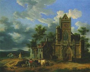 Personnages Et Eglise Gothique Dans Un Paysage