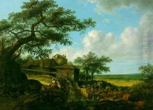 Paysage Au Moulin, Anime De Personnages by Jean-Louis Demarne