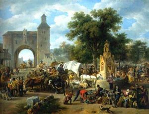 A Town Square On Market Day With Numerous Townsfolk And Tradesmen Selling Their Wares By A Gothic Fountain, A Fortified Gateway Beyond by Jean-Louis Demarne
